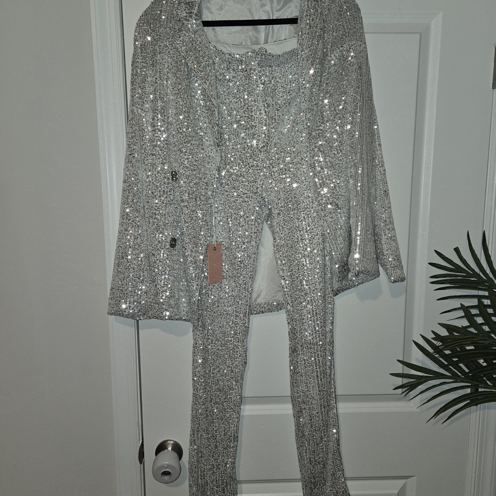Miss Lola Sparkling Silver Sequin Pantsuit